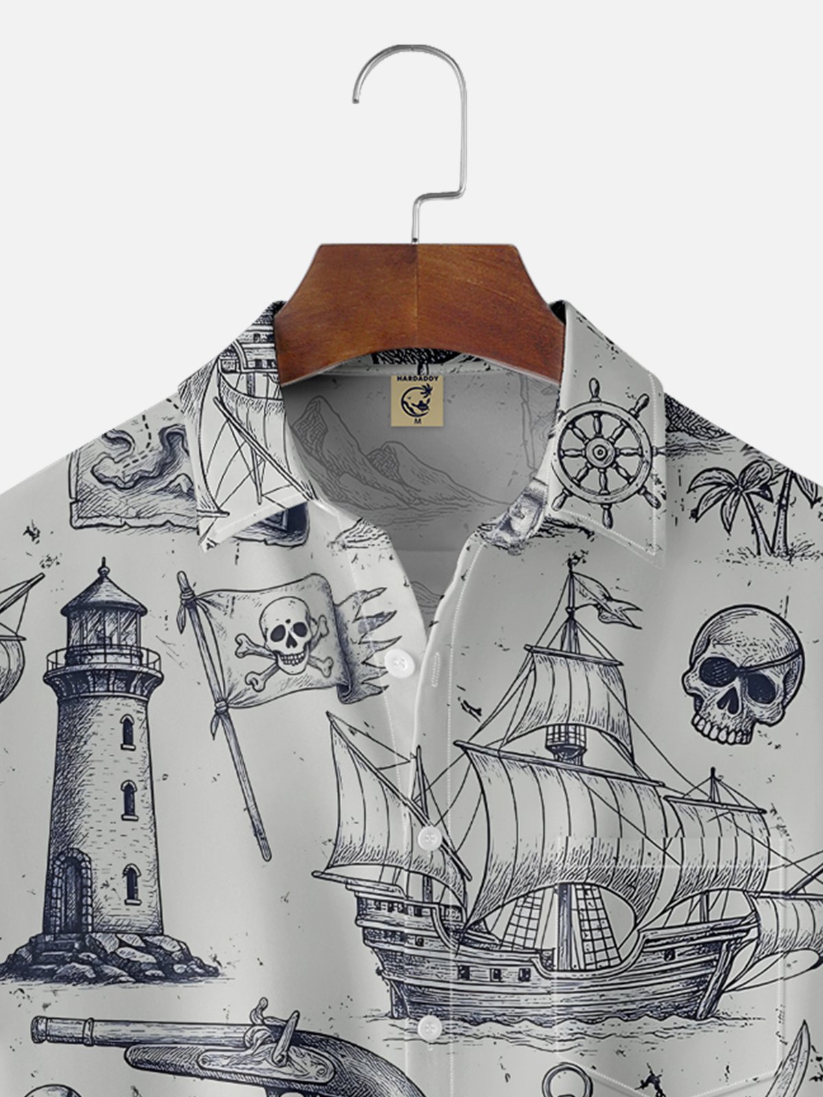 Moisture-Wicking Skull Pirate Sailboat Map Lighthouse Chest Pocket Hawaiian Shirt