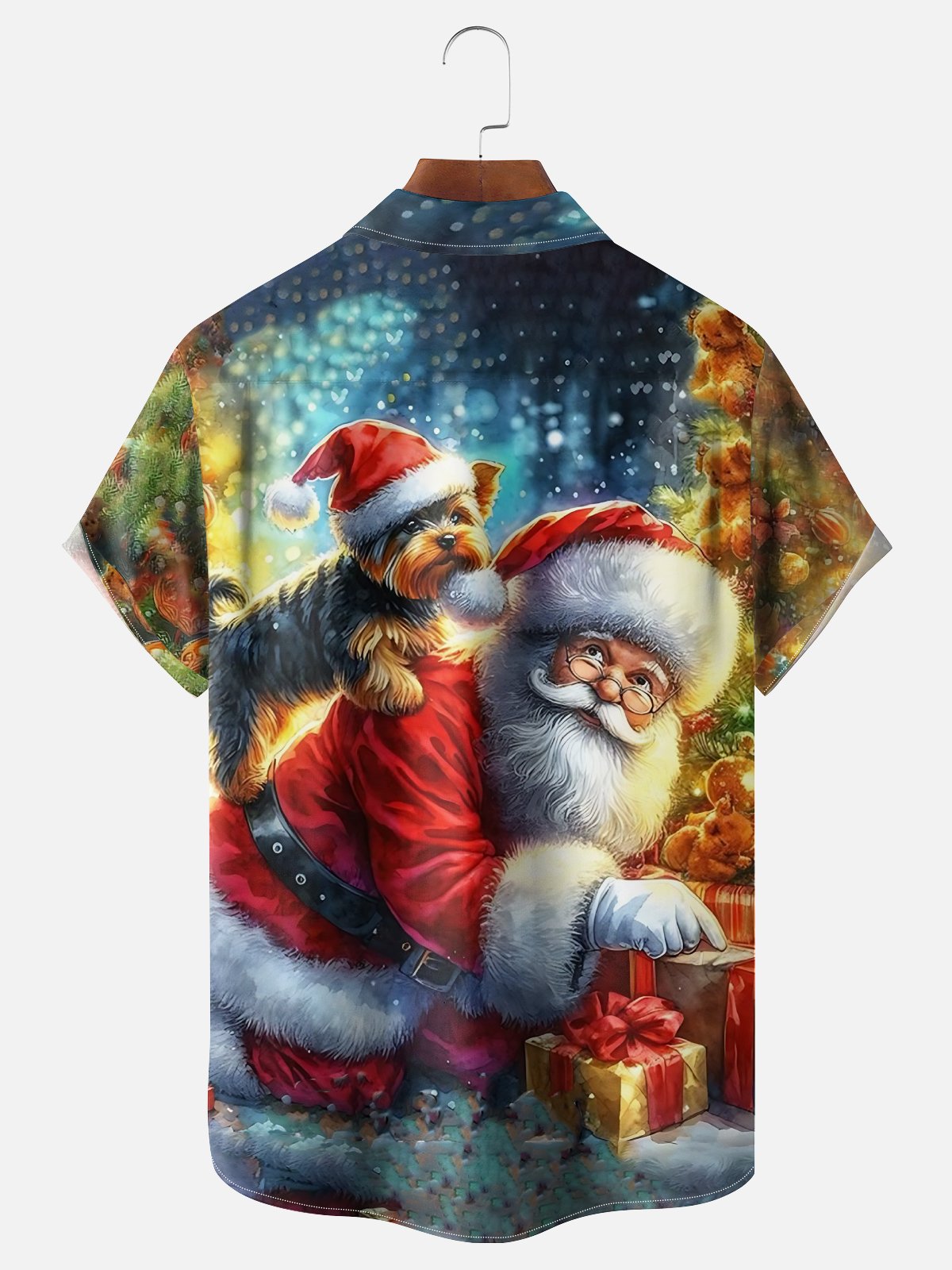 Moisture-wicking Christmas Santa Claus and Dog Chest Pocket Casual Shirt
