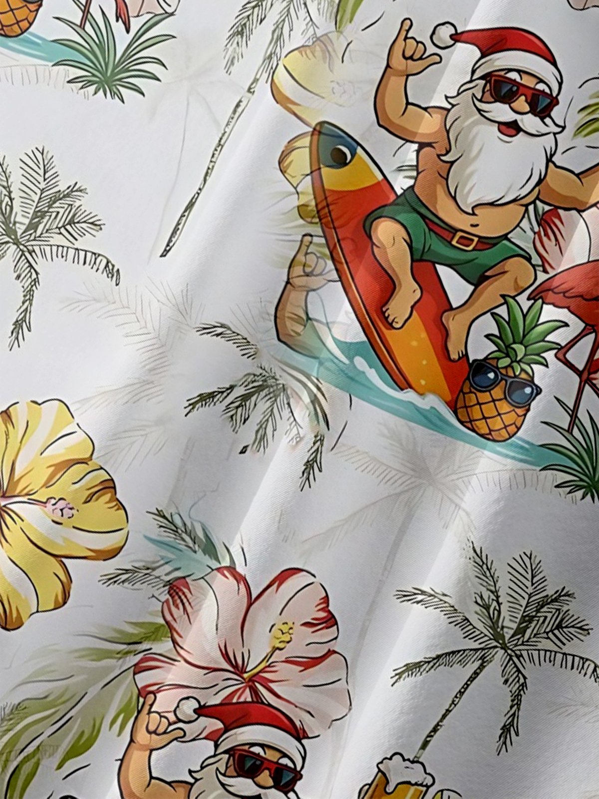 Moisture-Wicking Surfing Santa Claus Beer Flamingo Coconut Tree Flower Chest Pocket Hawaiian Shirt