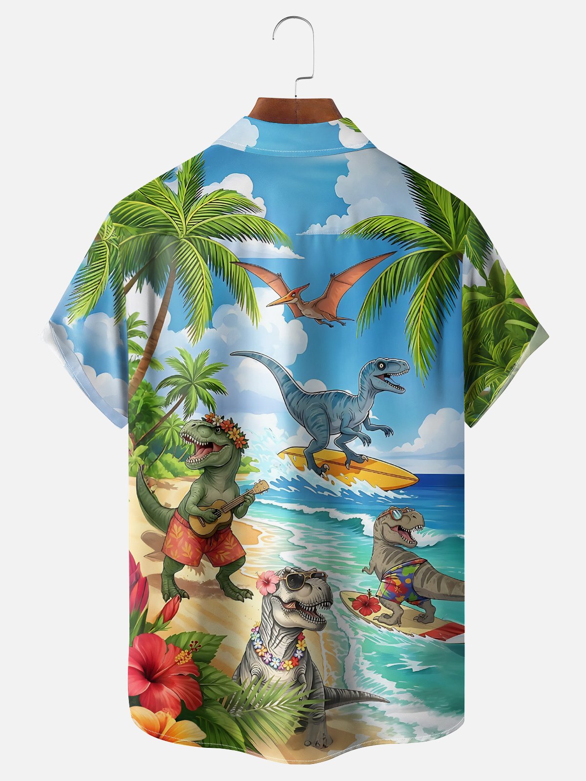 Moisture-Wicking Dinosaur Beach Coconut Tree Surf Chest Pocket Hawaiian Shirt