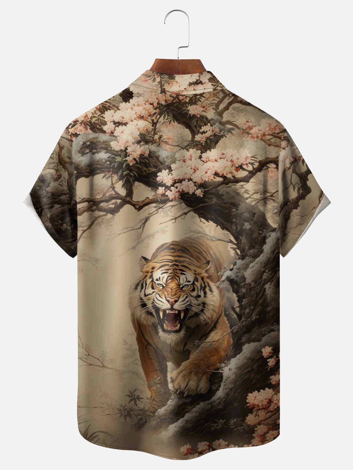 Moisture-wicking Japanese Art Sakura Tiger Chest Pocket Casual Shirt