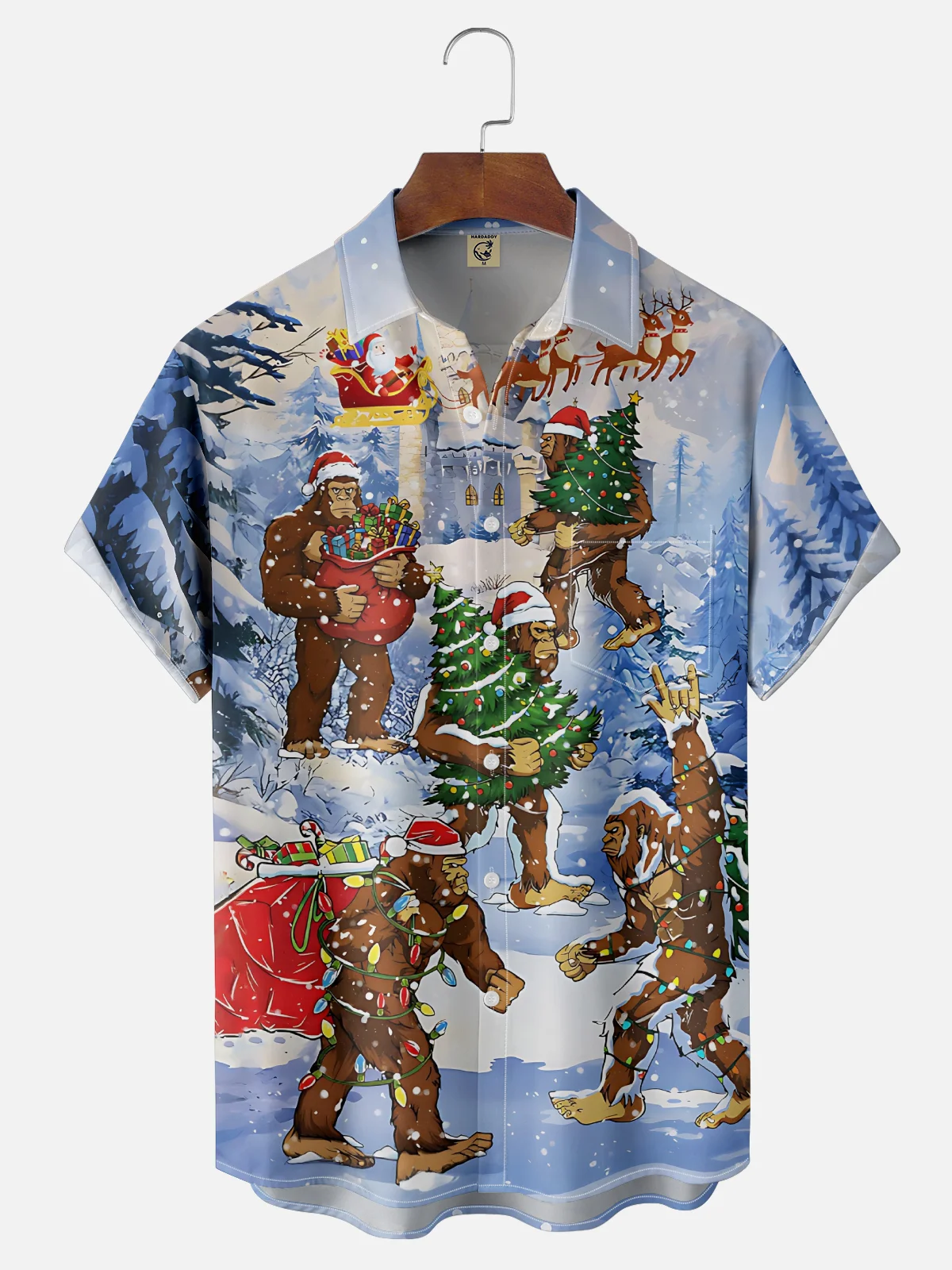 Moisture-Wicking Christmas Bigfoot Lights Santa Elk Chest Pocket Hawaiian Shirt