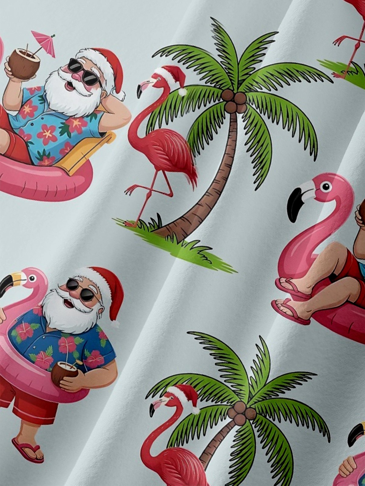 Moisture-Wicking Santa Claus Flamingo Coconut Tree Swim Ring Chest Pocket Hawaiian Shirt