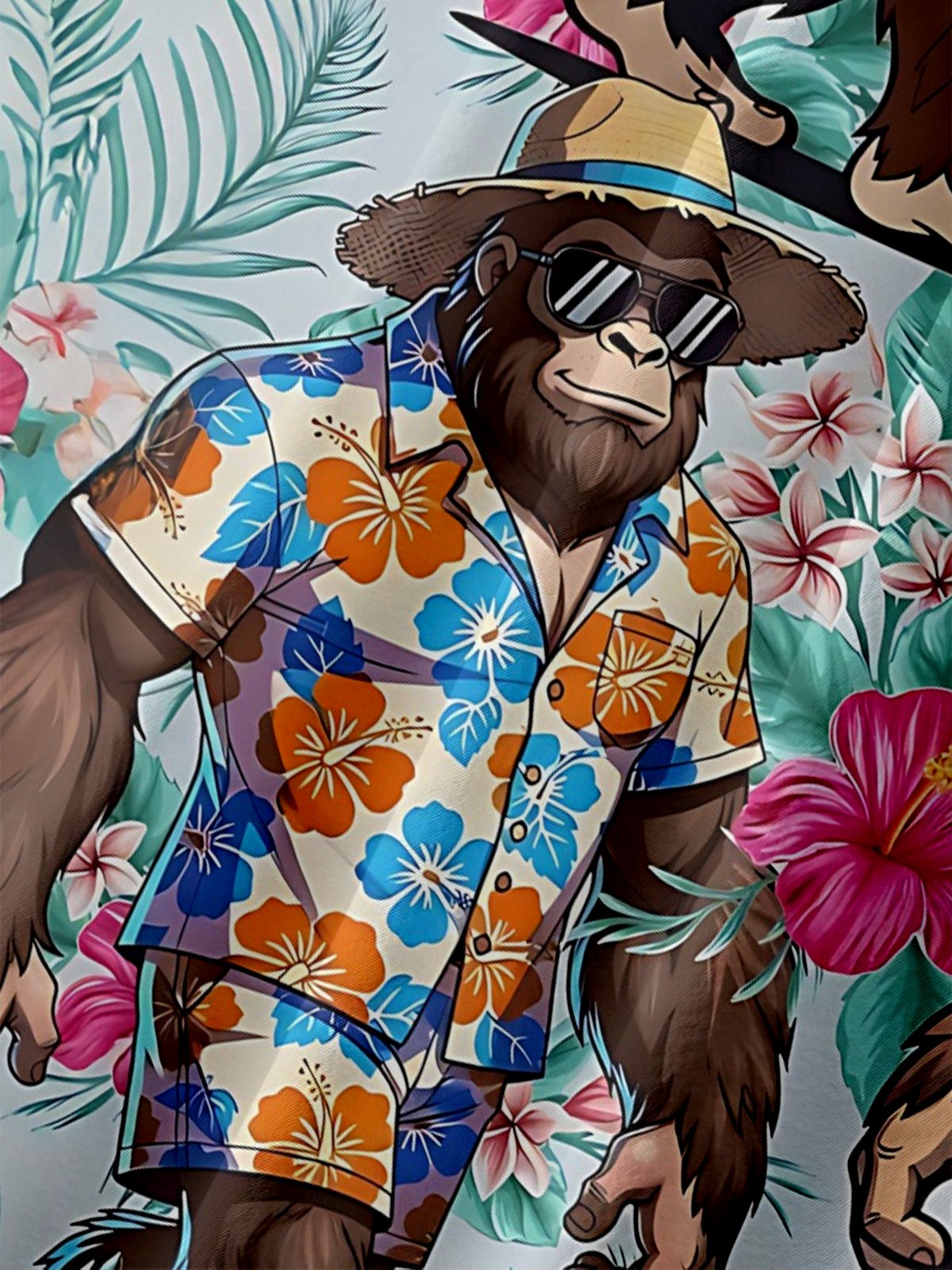Moisture-Wicking Vacation Straw Hat Sunglasses Bigfoot Tropical Plants Chest Pocket Hawaiian Shirt