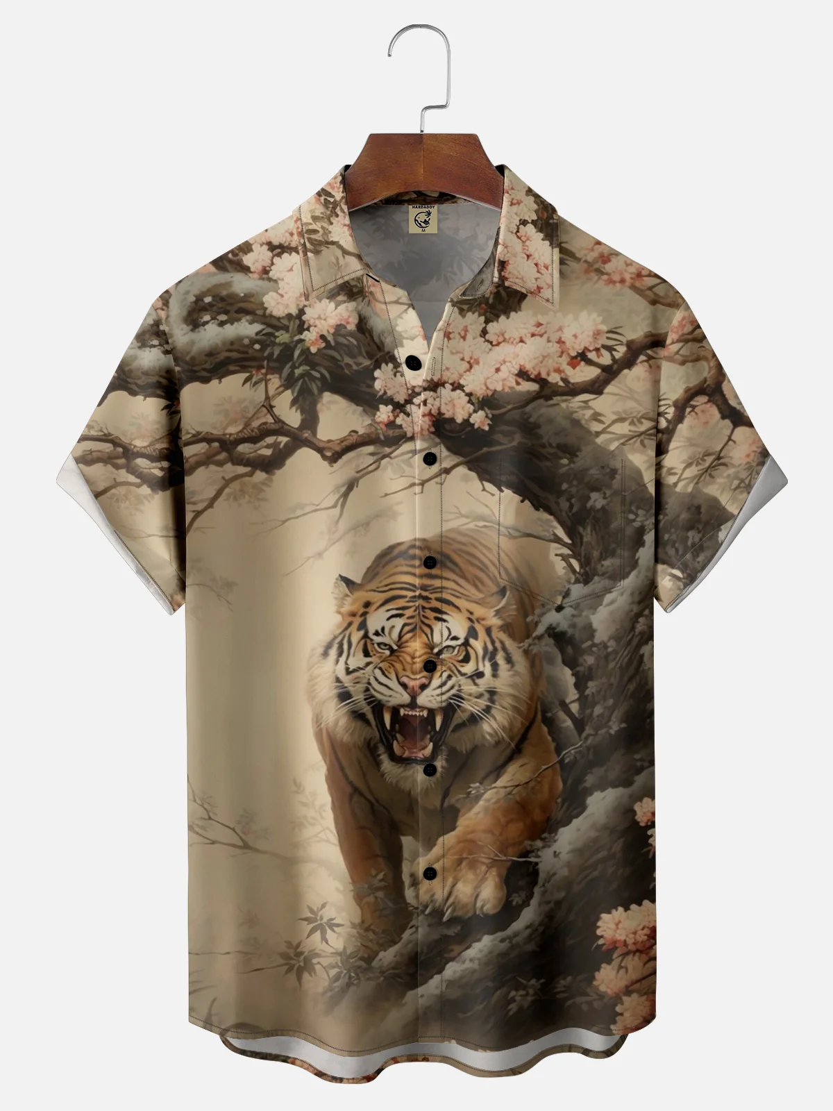 Moisture-wicking Japanese Art Sakura Tiger Chest Pocket Casual Shirt