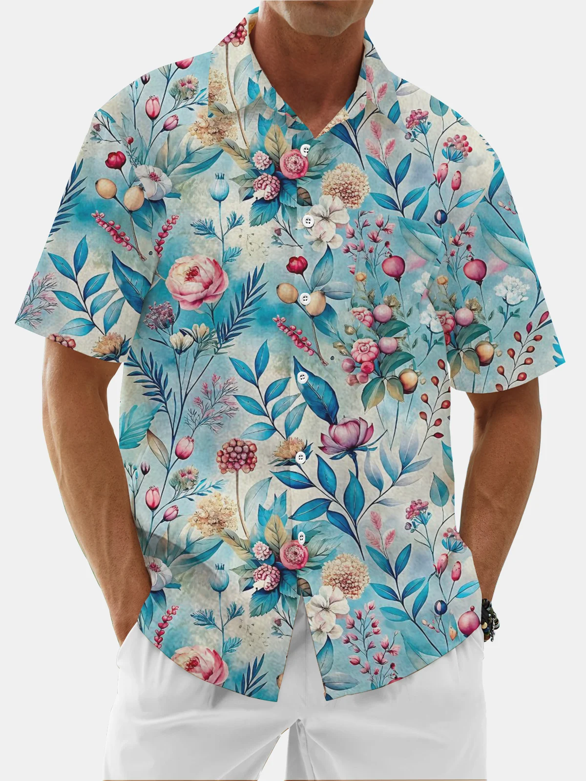 Moisture Wicking Floral Chest Pocket Hawaiian Shirt