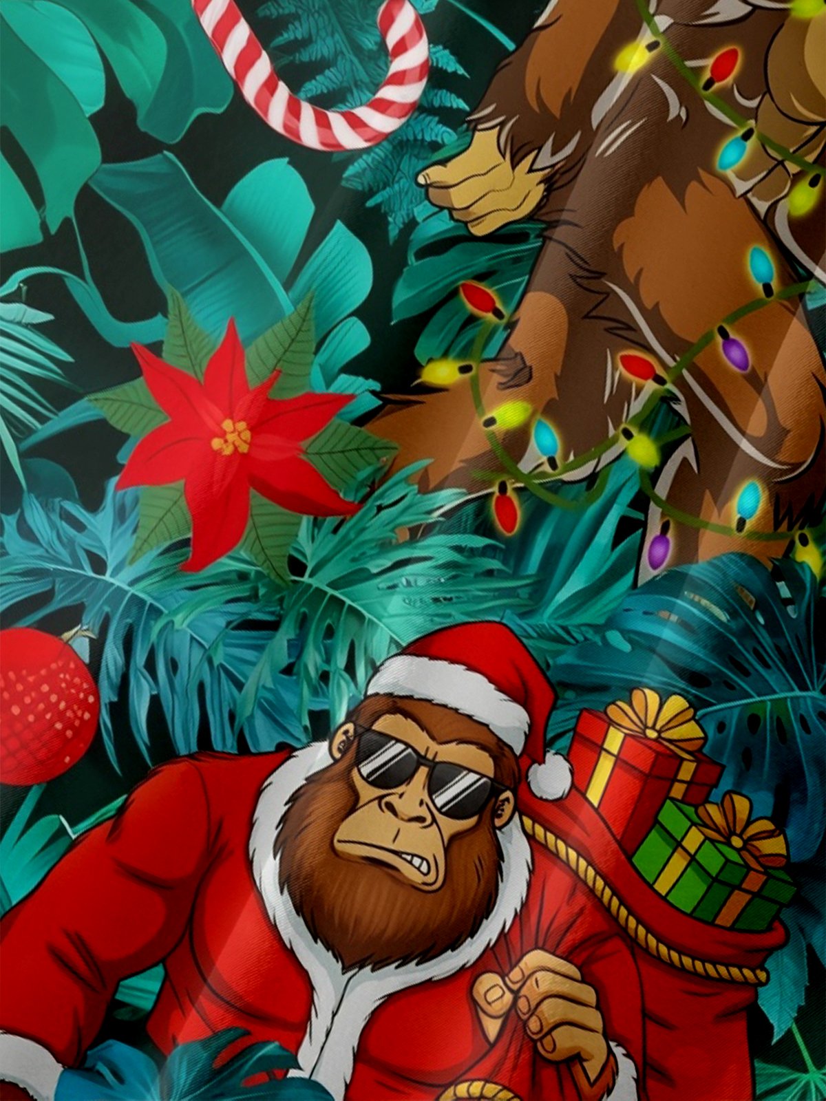 Moisture-wicking Christmas Bigfoot Palm Leaves Chest Pocket Casual Shirt