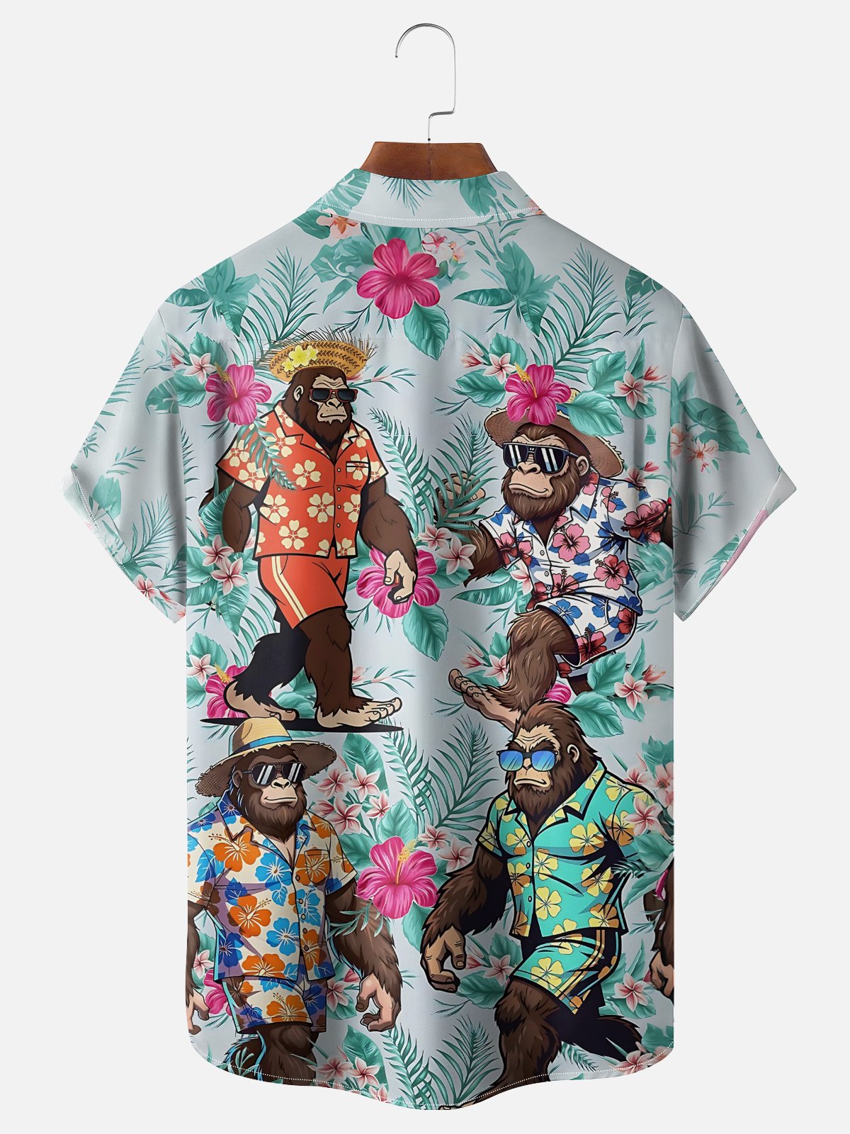 Moisture-Wicking Vacation Straw Hat Sunglasses Bigfoot Tropical Plants Chest Pocket Hawaiian Shirt