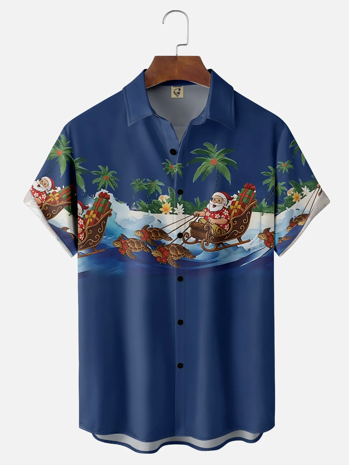 Moisture-Wicking Beach Riding A Turtle Santa Claus Chest Pocket Hawaiian Shirt