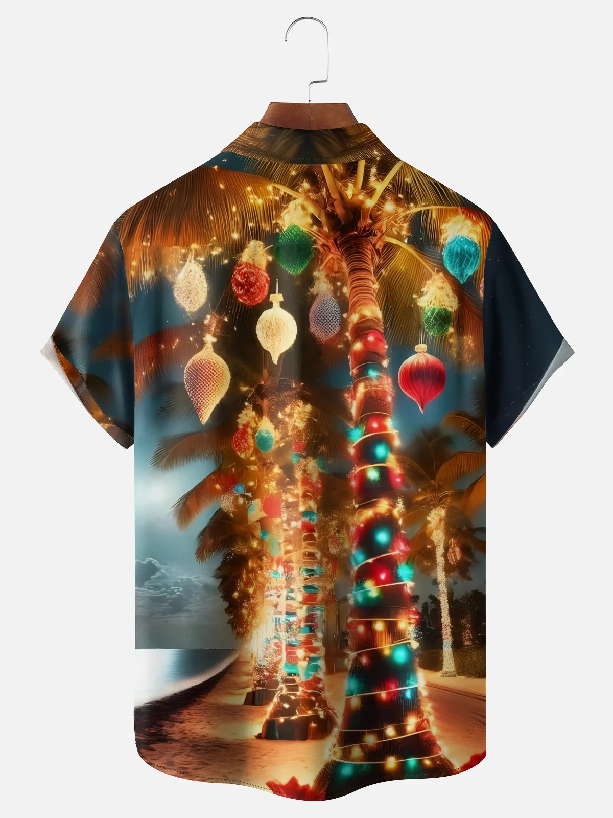 Moisture-wicking Christmas Coconut Tree Lighting Beach Chest Pocket Casual Shirt