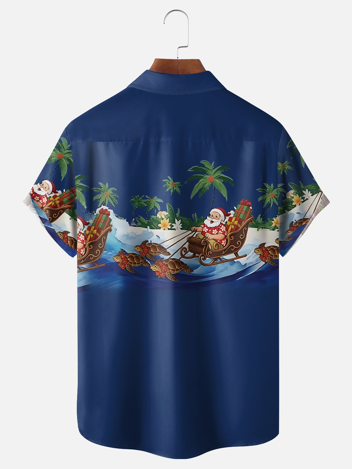 Moisture-Wicking Beach Riding A Turtle Santa Claus Chest Pocket Hawaiian Shirt