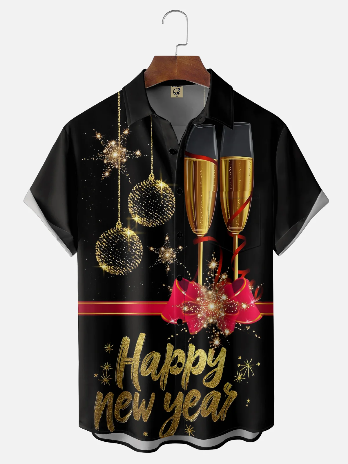 Moisture-wicking Happy New Year Champagne Art Chest Pocket Casual Shirt