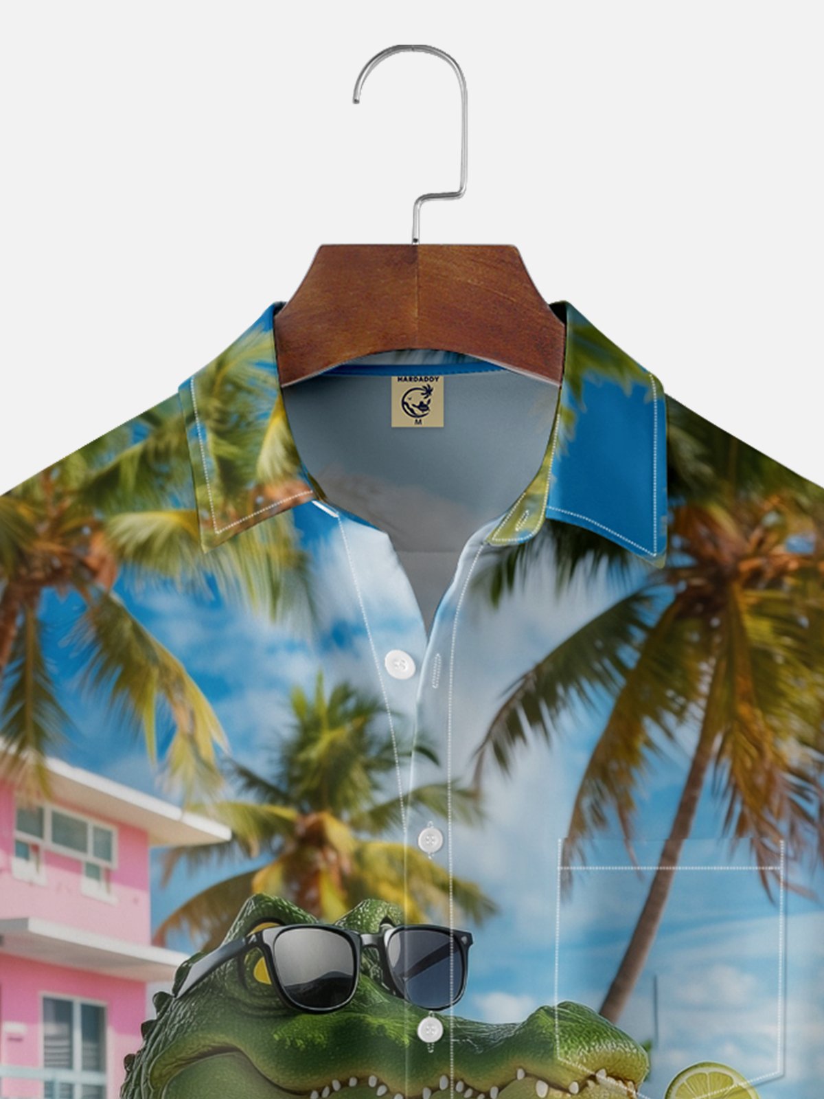 Moisture-wicking Crocodile Coconut Tree Beach Chest Pocket Casual Shirt