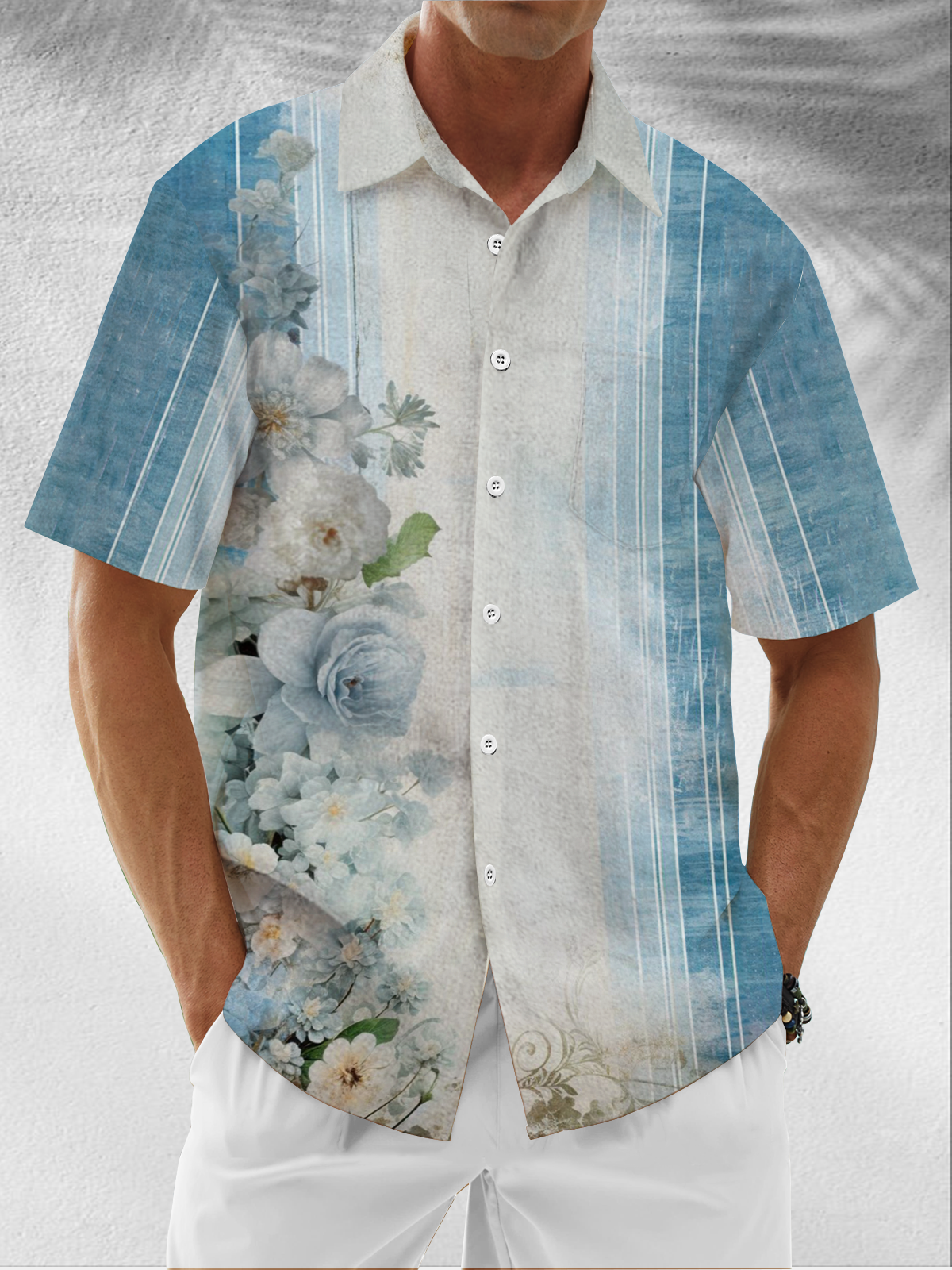 Moisture Wicking Floral Stripe Ombre Floral Chest Pocket Hawaiian Shirt