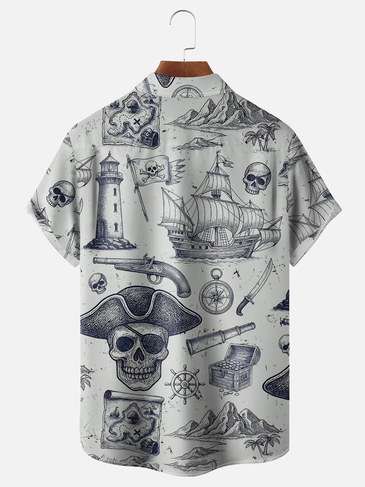 Moisture-Wicking Skull Pirate Sailboat Map Lighthouse Chest Pocket Hawaiian Shirt