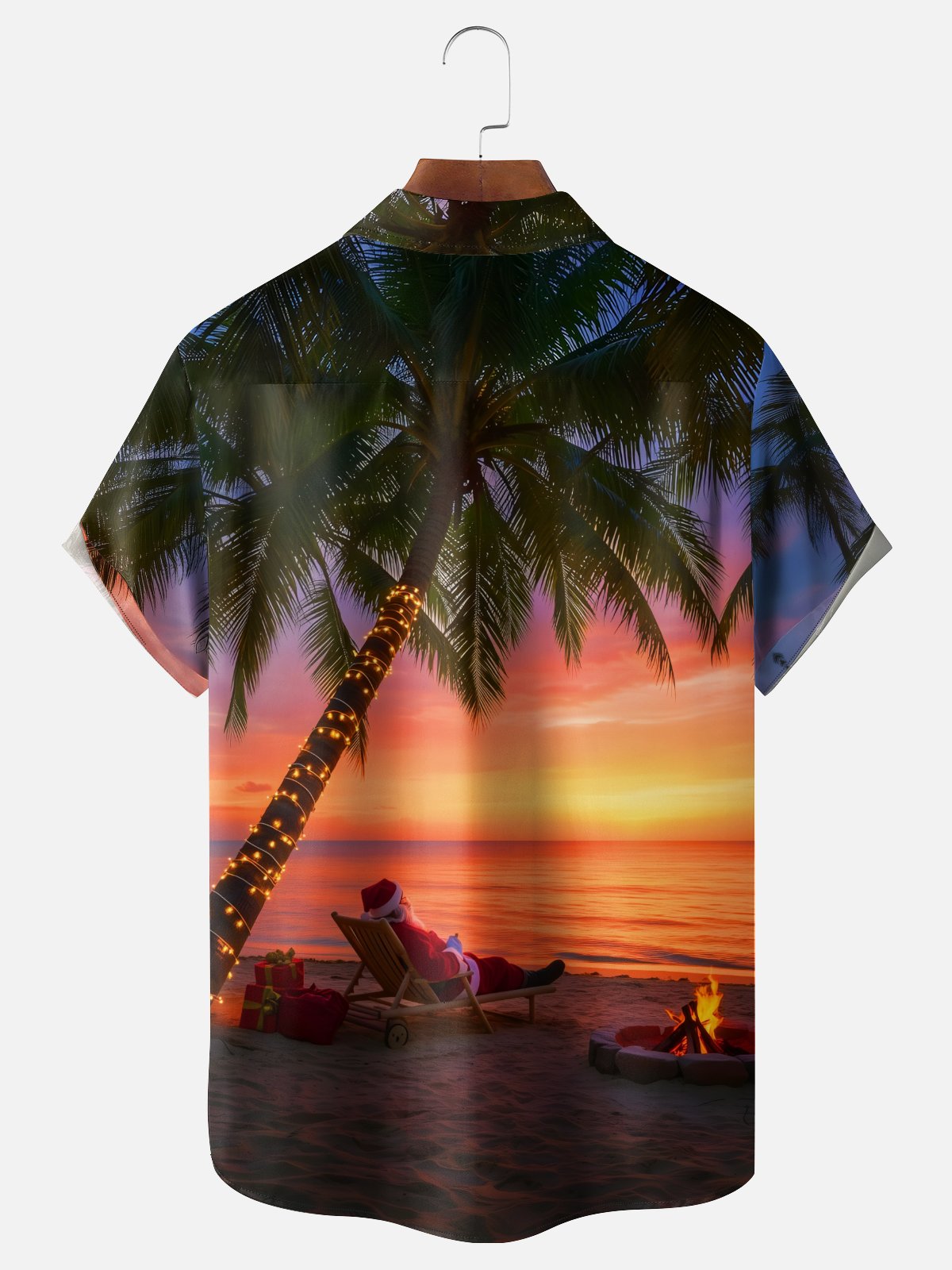 Moisture-wicking Christmas Santa Claus Coconut Tree Lighting Beach Chest Pocket Casual Shirt