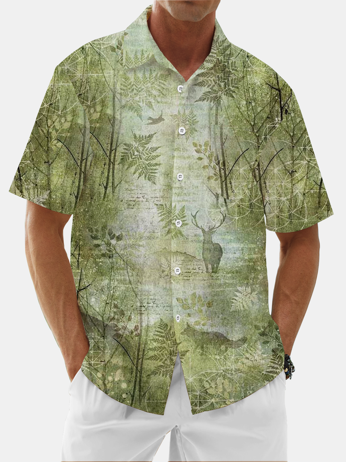 Moisture Wicking Botanical Leaf Jungle Chest Pocket Hawaiian Shirt