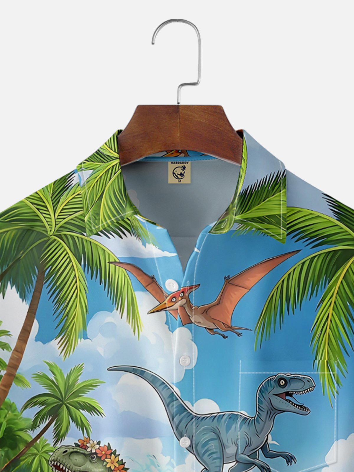 Moisture-Wicking Dinosaur Beach Coconut Tree Surf Chest Pocket Hawaiian Shirt