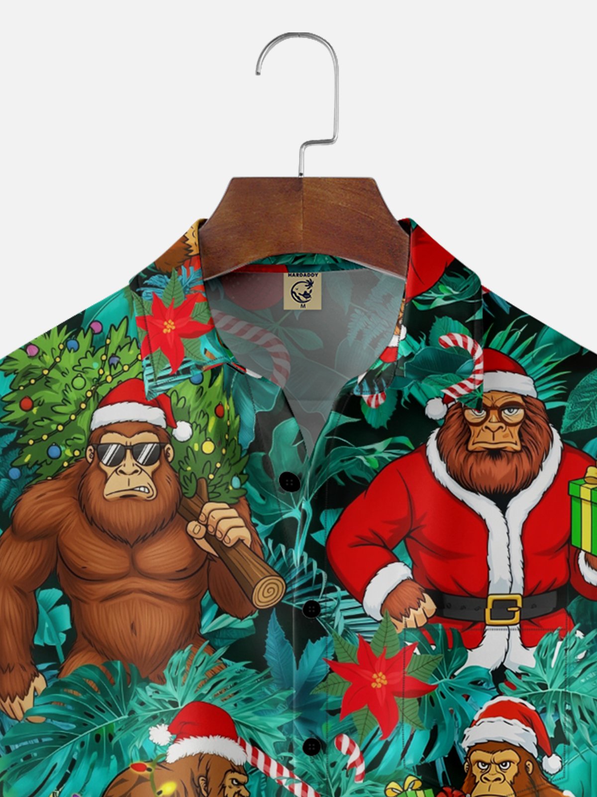 Moisture-wicking Christmas Bigfoot Palm Leaves Chest Pocket Casual Shirt