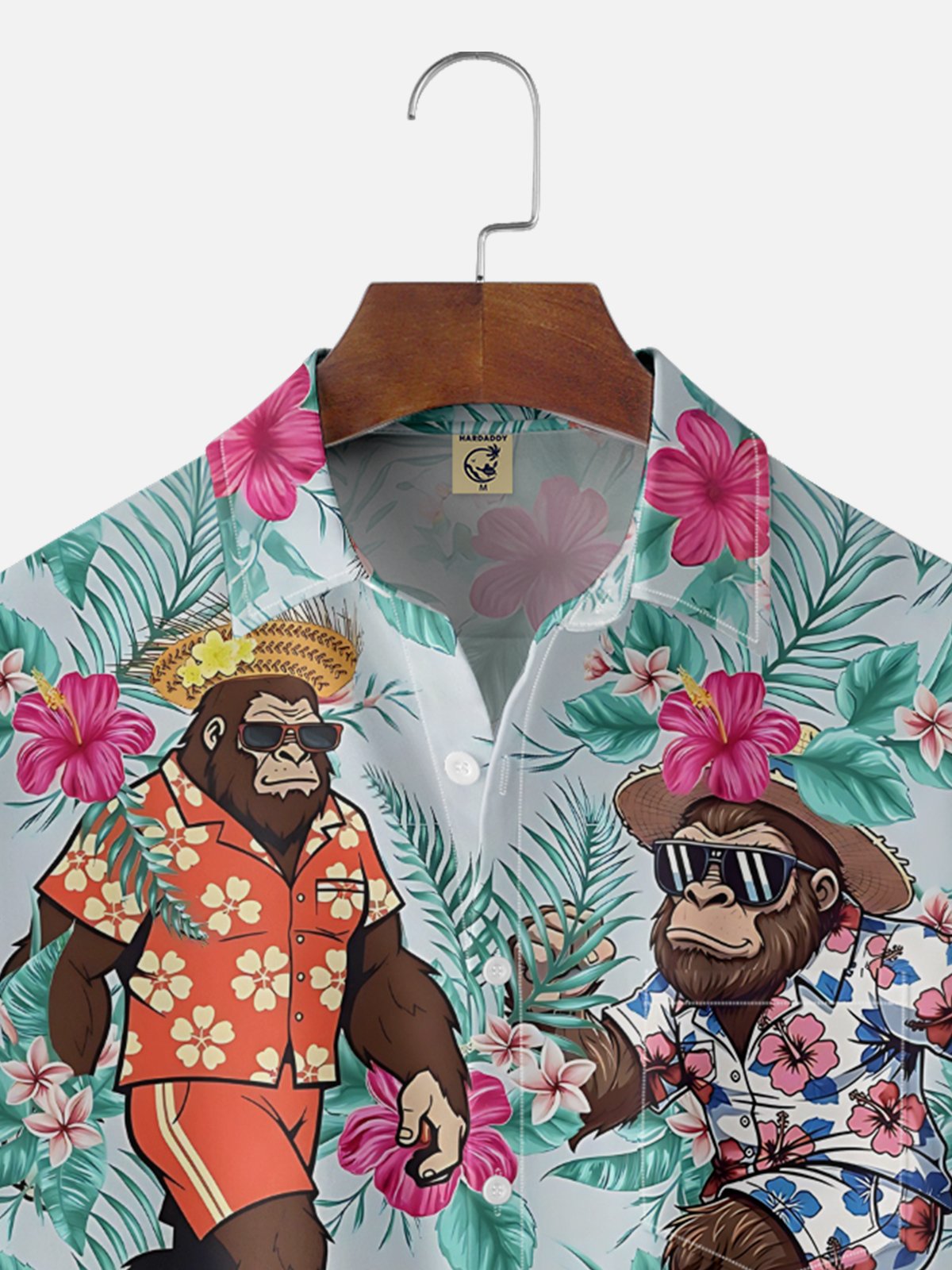 Moisture-Wicking Vacation Straw Hat Sunglasses Bigfoot Tropical Plants Chest Pocket Hawaiian Shirt