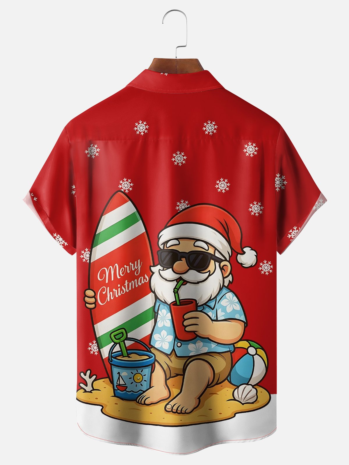 Moisture-Wicking Santa Claus Surfboard Chest Pocket Hawaiian Shirt