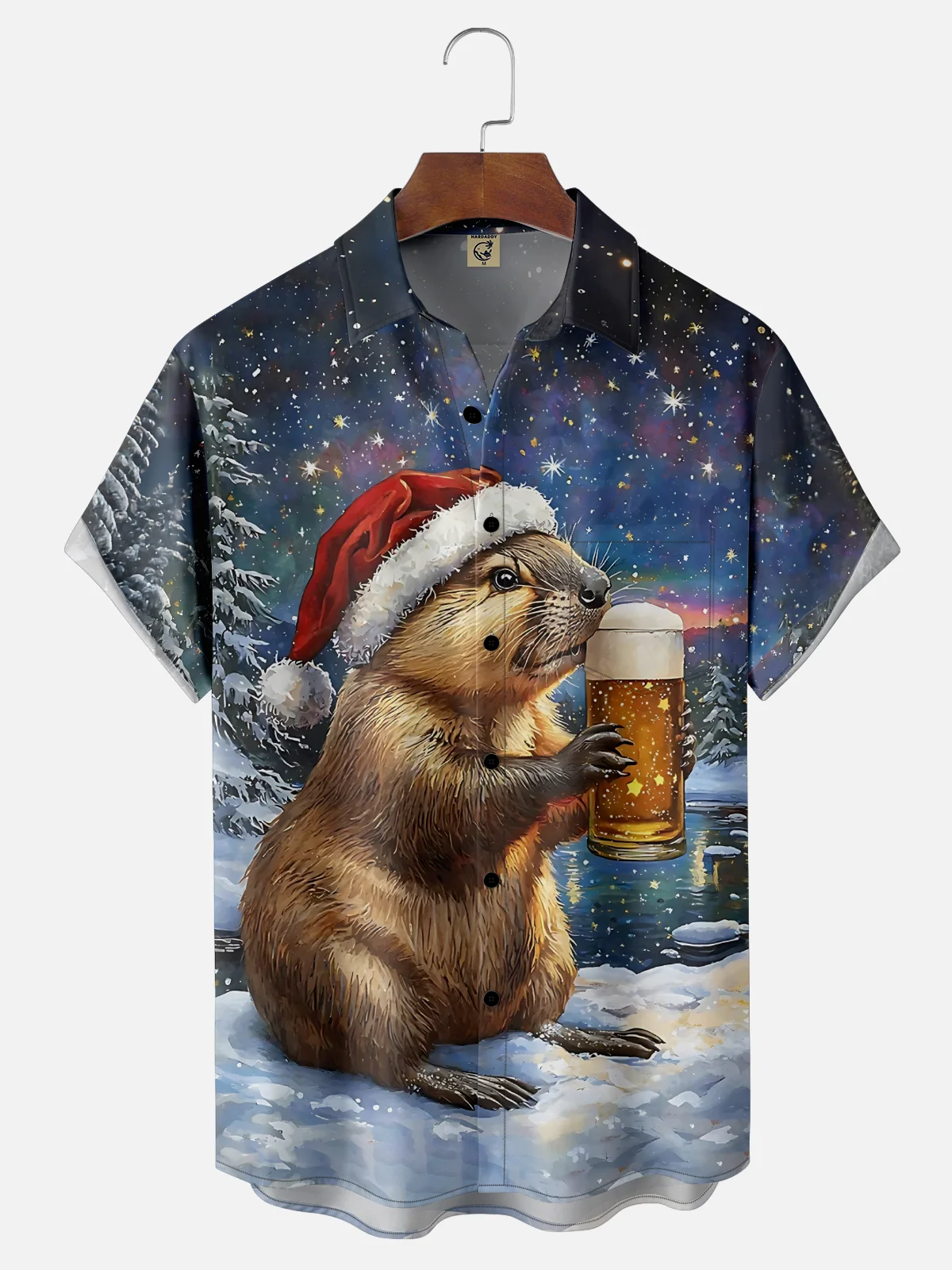 Moisture Wicking Christmas Funny Beaver Beer Chest Pocket Hawaiian Shirt