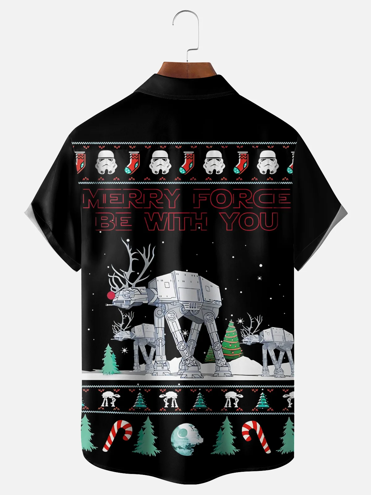 Moisture-Wicking Star Robot Christmas Tree Candy Cane Chest Pocket Hawaiian Shirt