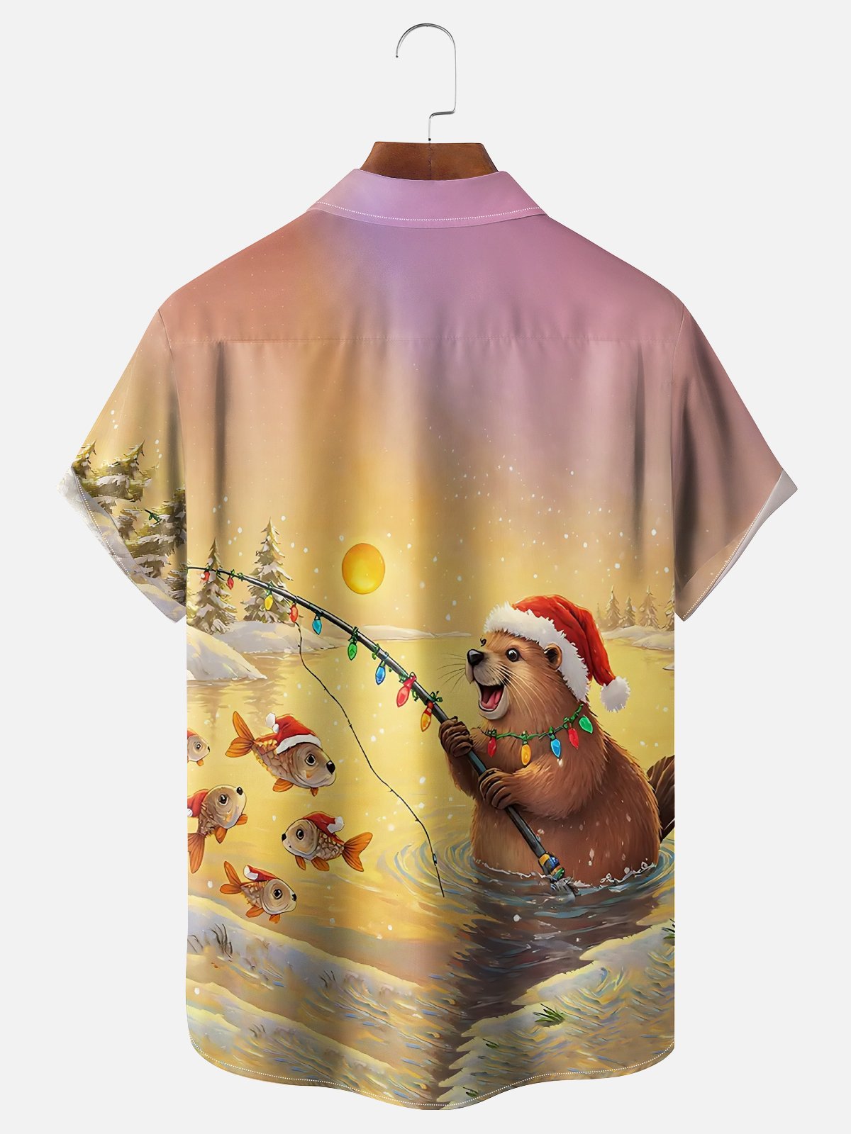 Moisture Wicking Christmas Funny Beaver Fishing Chest Pocket Hawaiian Shirt