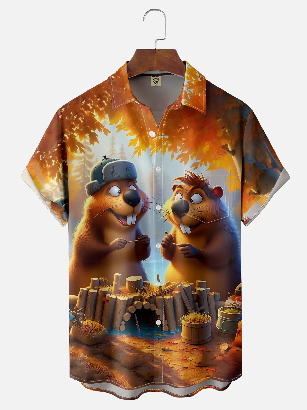 Moisture Wicking Fall Funny Beaver Chest Pocket Hawaiian Shirt