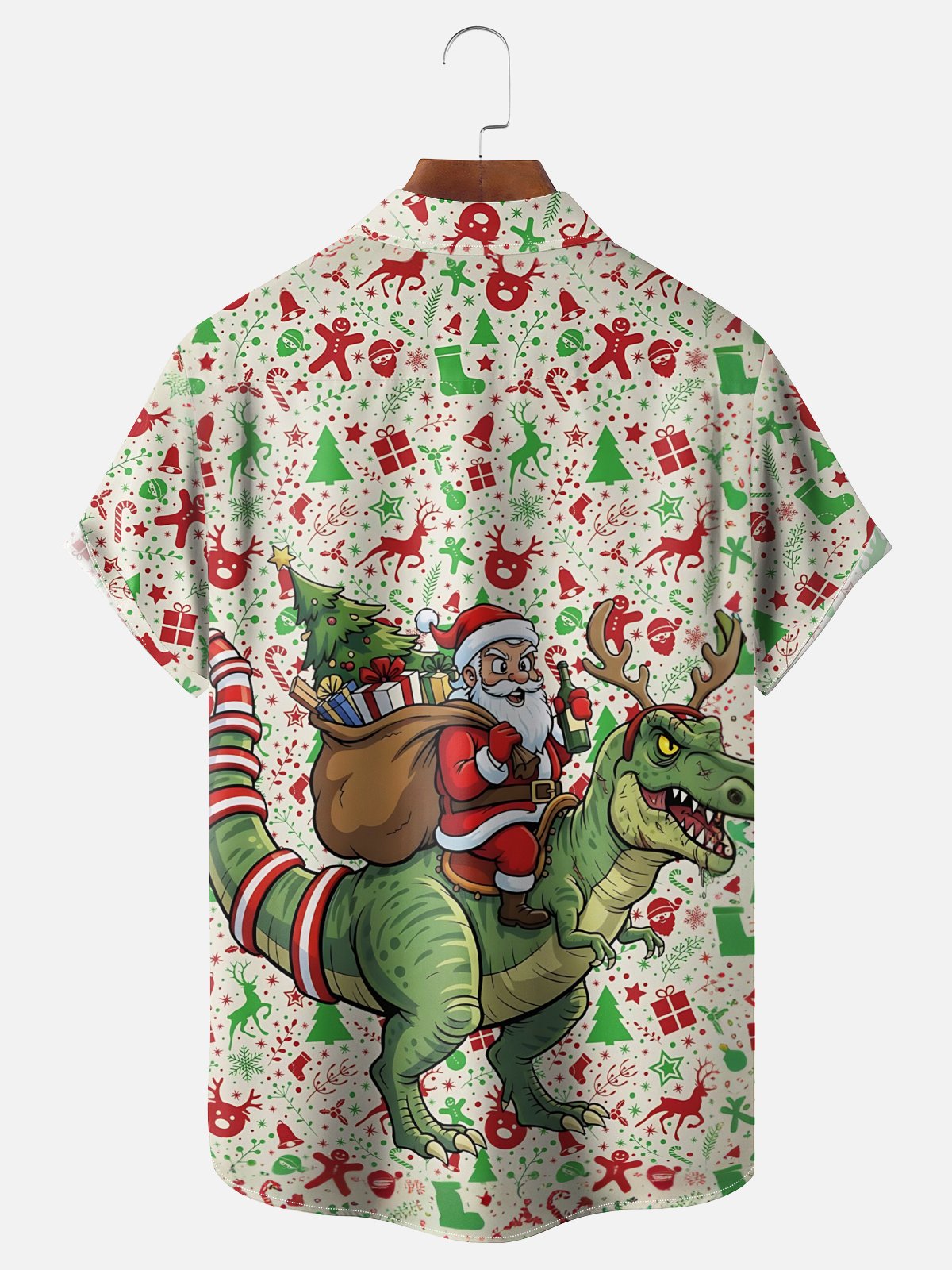 Moisture-Wicking Santa Claus Dinosaur Christmas Reindeer Chest Pocket Hawaiian Shirt
