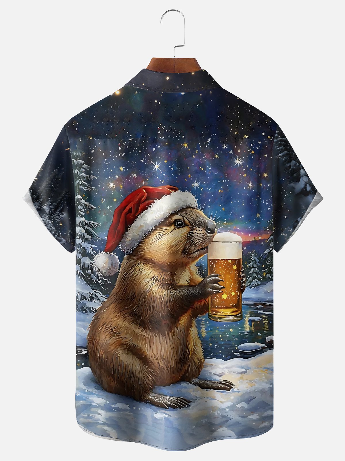 Moisture Wicking Christmas Funny Beaver Beer Chest Pocket Hawaiian Shirt