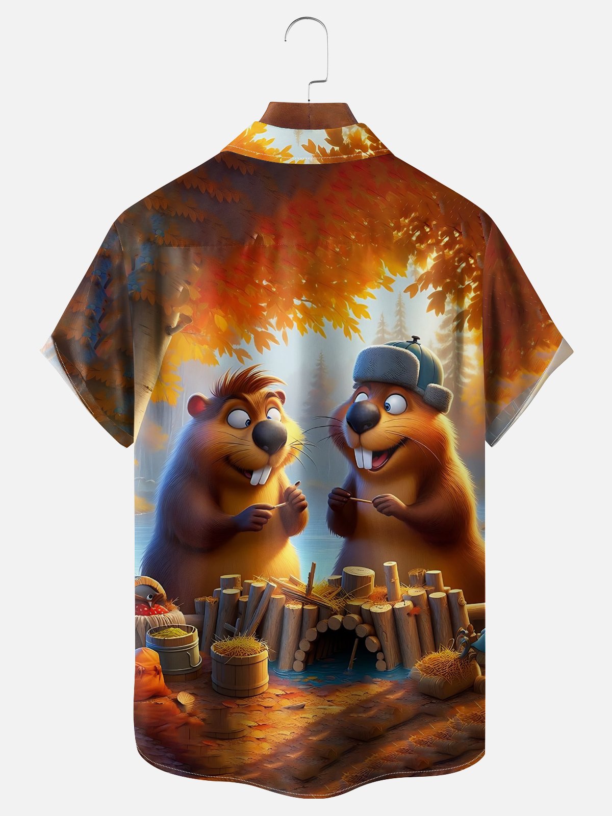 Moisture Wicking Fall Funny Beaver Chest Pocket Hawaiian Shirt