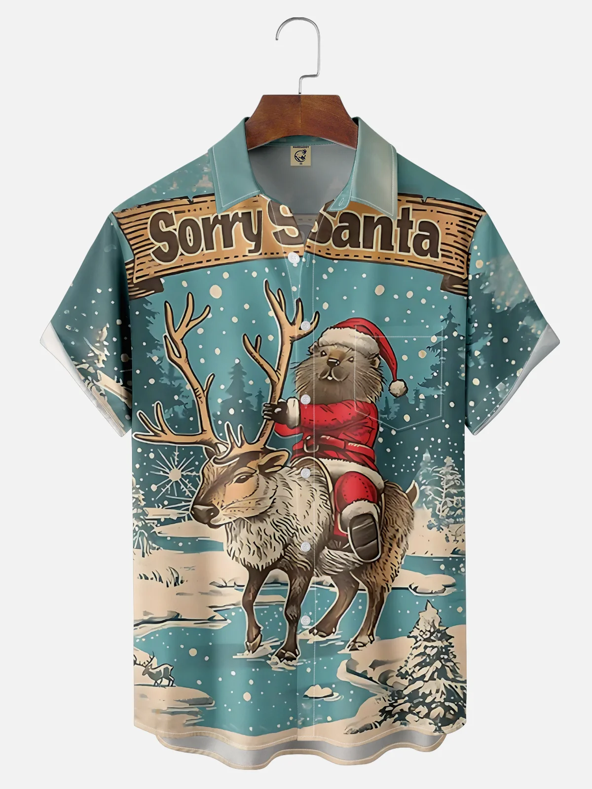 Moisture Wicking Christmas Funny Beaver Riding Elk Chest Pocket Hawaiian Shirt