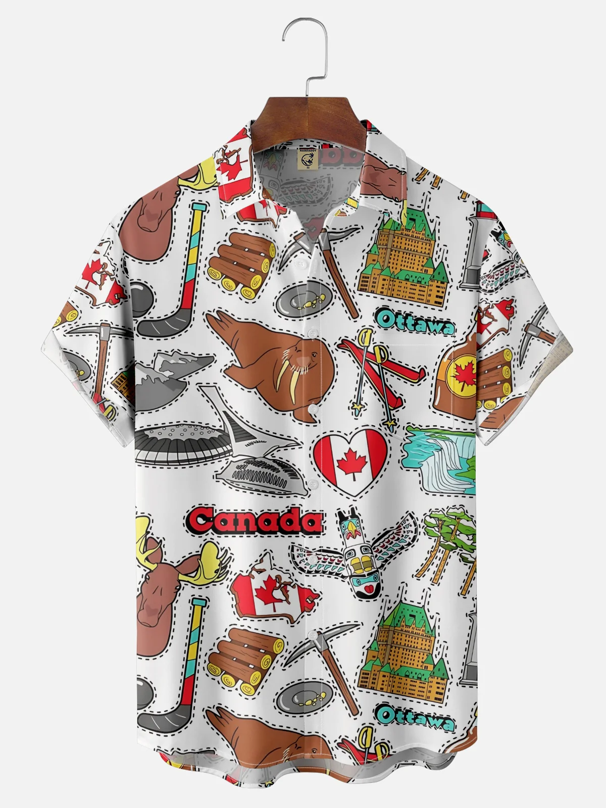 Moisture-Wicking Canadian Culture Map  Of Maple Leaf Moose Chest Pocket Hawaiian Shirt