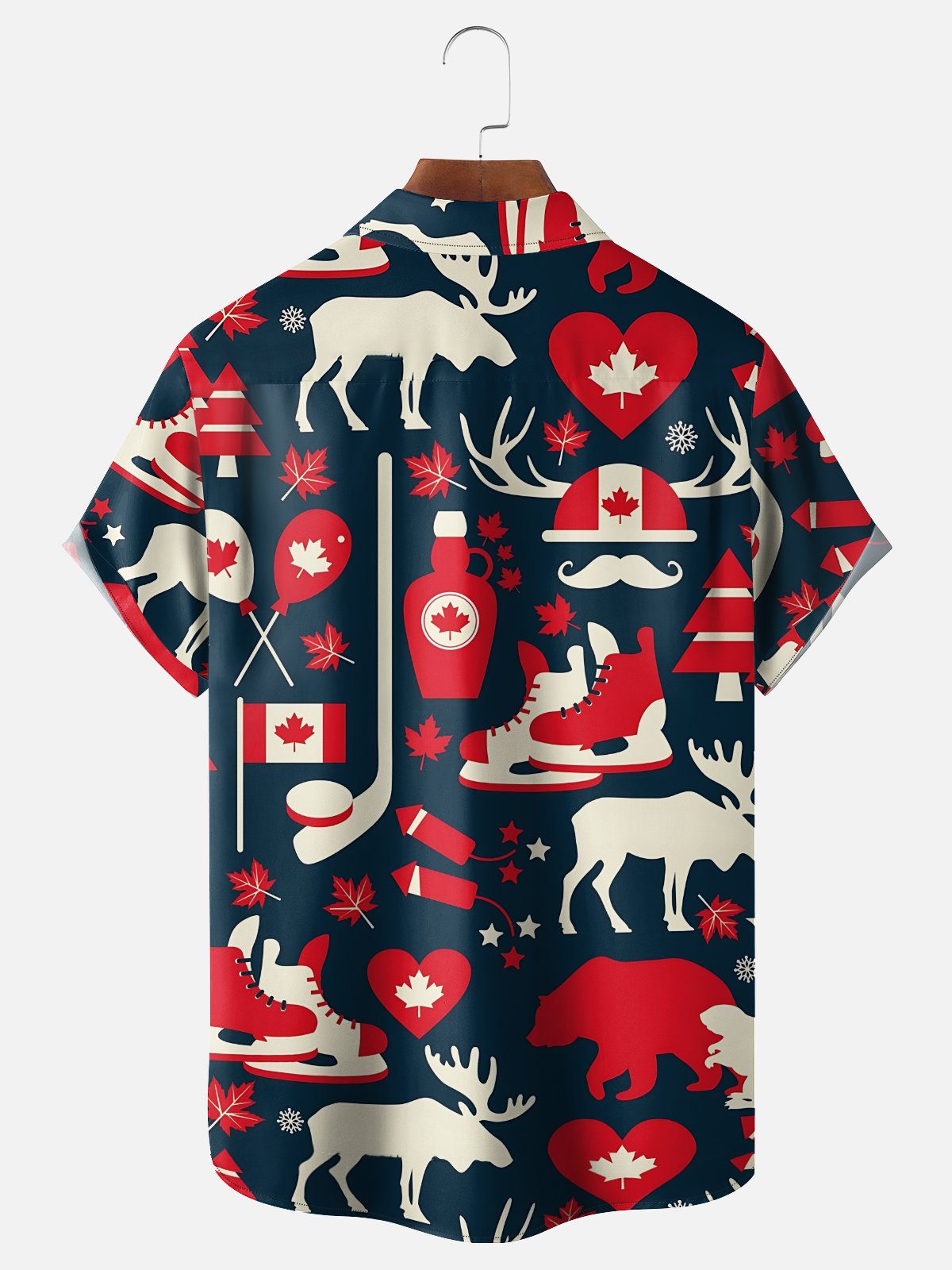 Moisture-Wicking Canadian Culture Moose Maple Leaf Hockey Stick Chest Pocket Hawaiian Shirt