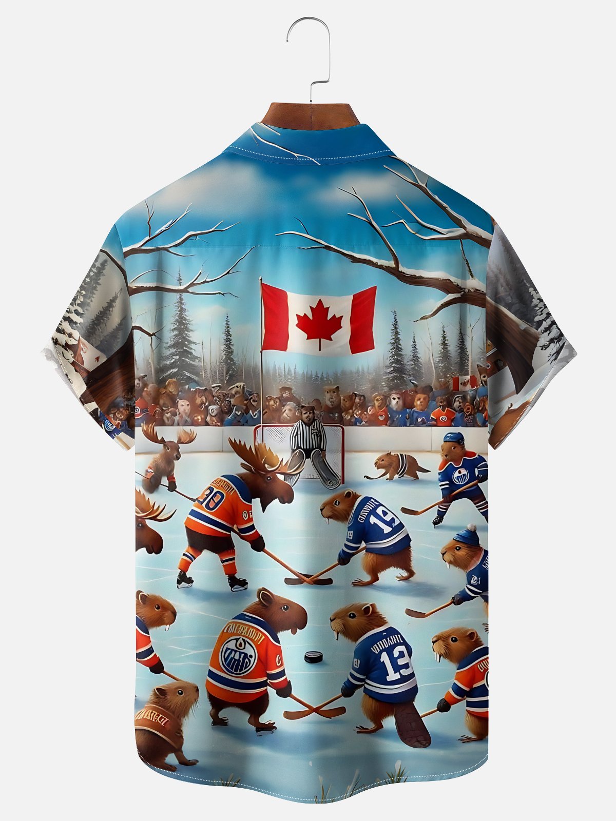 Moisture-Wicking Canadian Gradient Beaver Moose Ice Hockey Game Chest Pocket Hawaiian Shirt