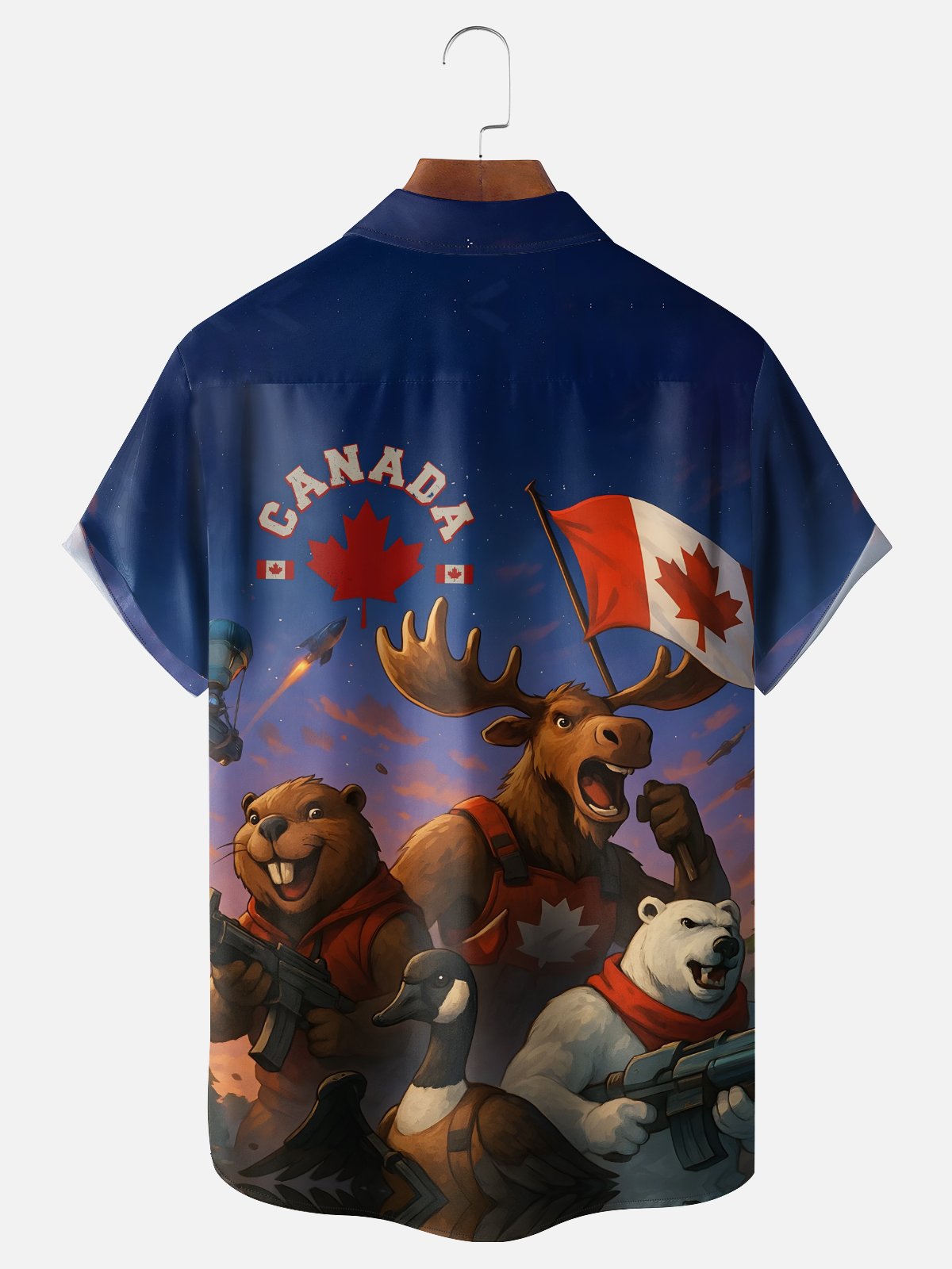 Moisture-wicking Canadian Elk Beaver Bear Maple Leaf Chest Pocket Casual Shirt