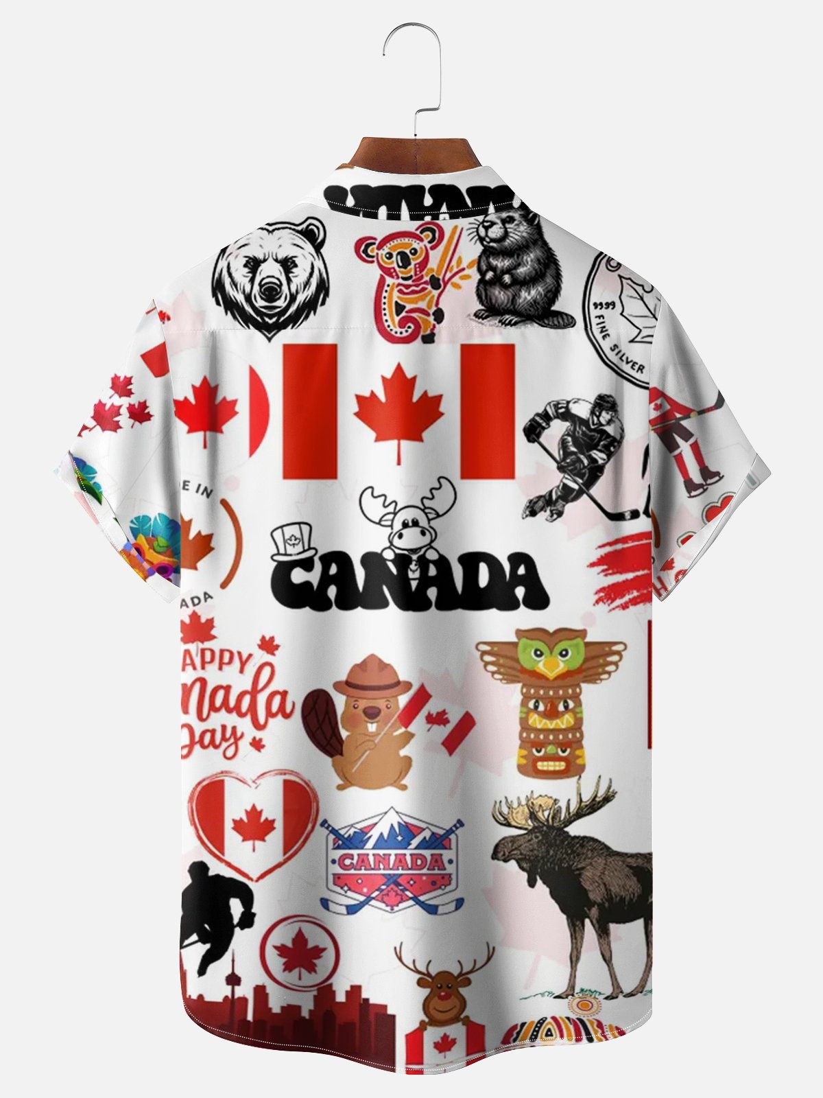 Moisture Wicking Canadian Culture Flag Beaver Elk Goose Breast Pocket Hawaiian Shirt