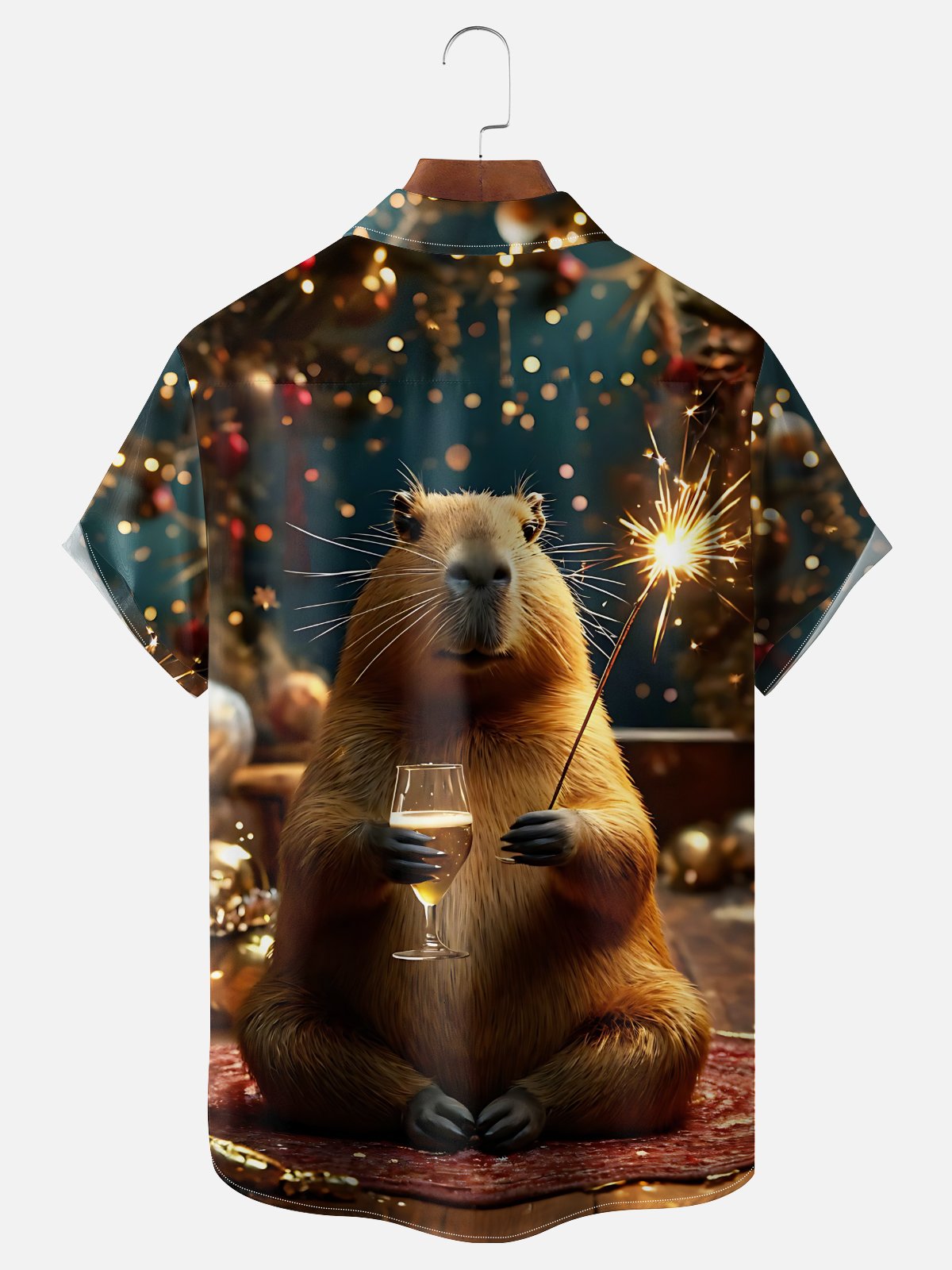 Moisture-Wicking Canada Ombre Happy New Year Beaver Wine Glass Fireworks Chest Pocket Hawaiian Shirt