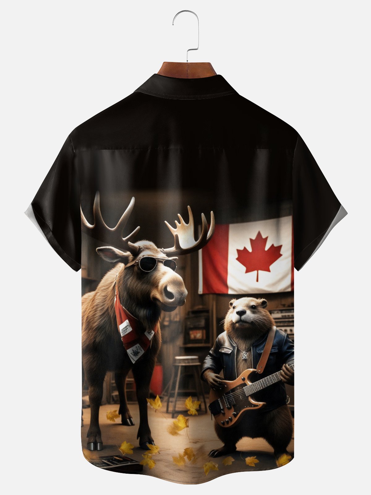 Moisture-wicking Canadian Elk Beaver Guitar Music Chest Pocket Casual Shirt