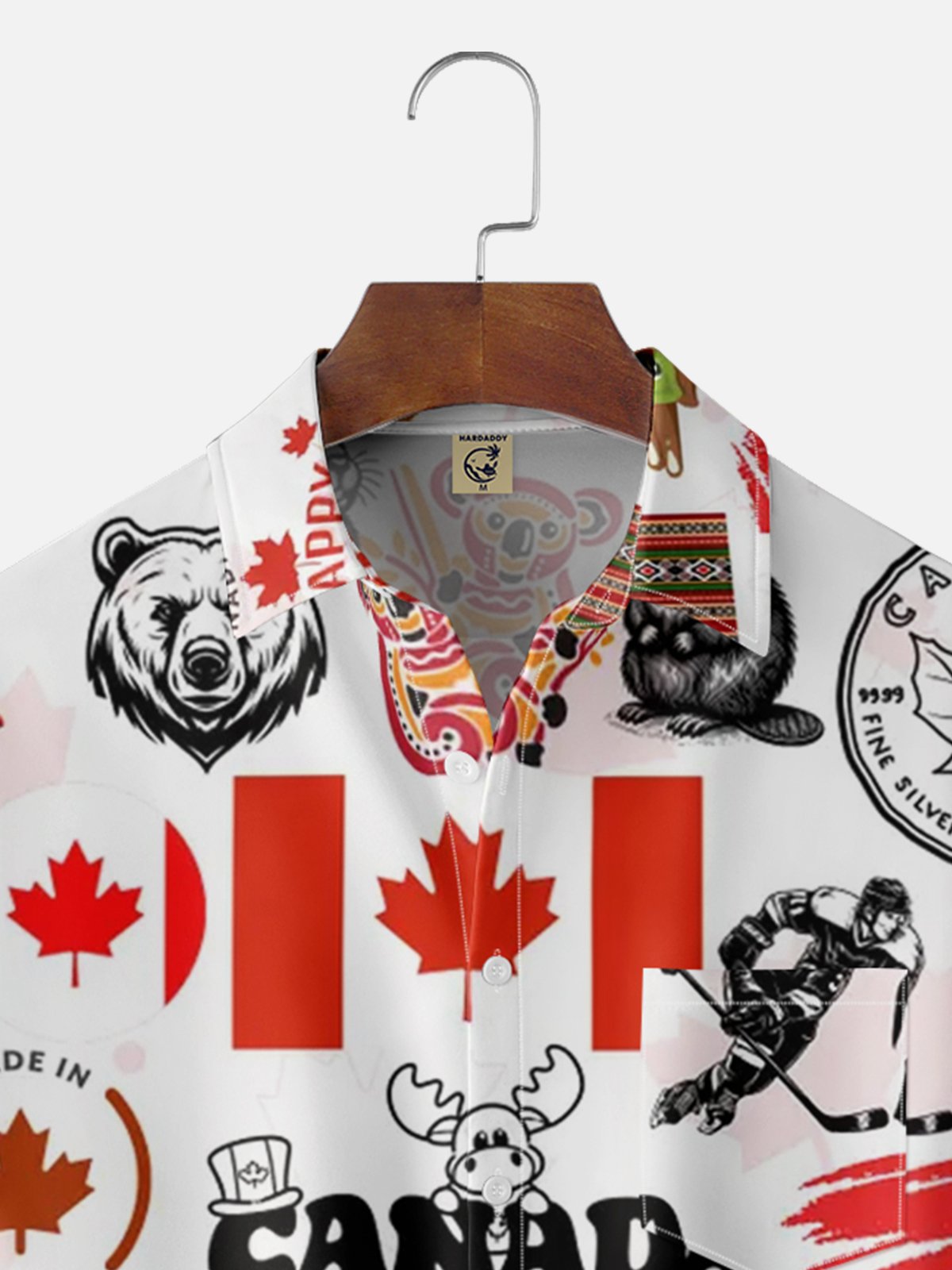 Moisture Wicking Canadian Culture Flag Beaver Elk Goose Breast Pocket Hawaiian Shirt