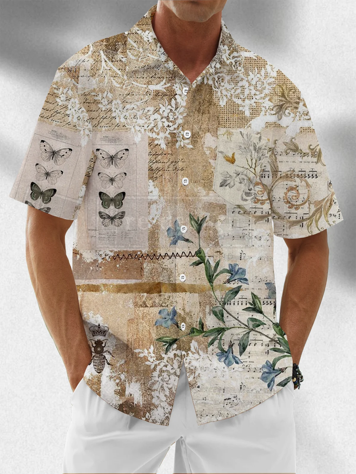 Moisture Wicking Gradient Floral Butterfly Chest Pocket Hawaiian Shirt