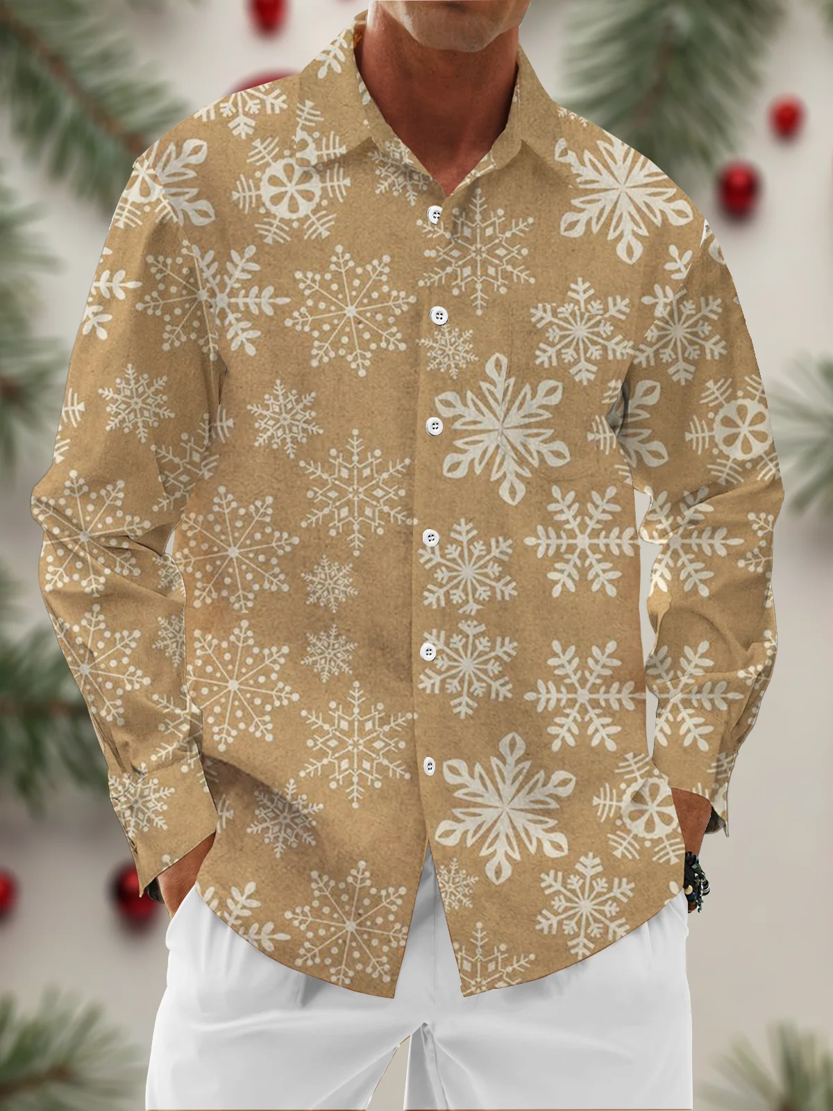 Moisture Wicking Christmas Snowflake Chest Pocket Hawaiian Long Sleeve Shirt