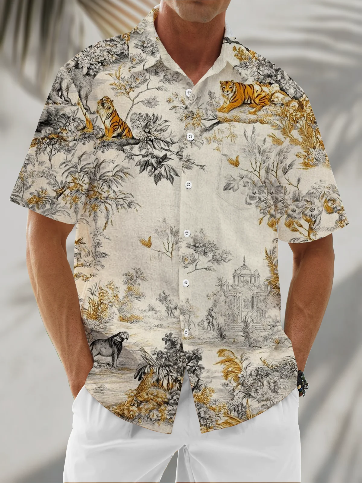 Moisture Wicking Plant Leaf Tiger Chest Pocket Hawaiian Shirt