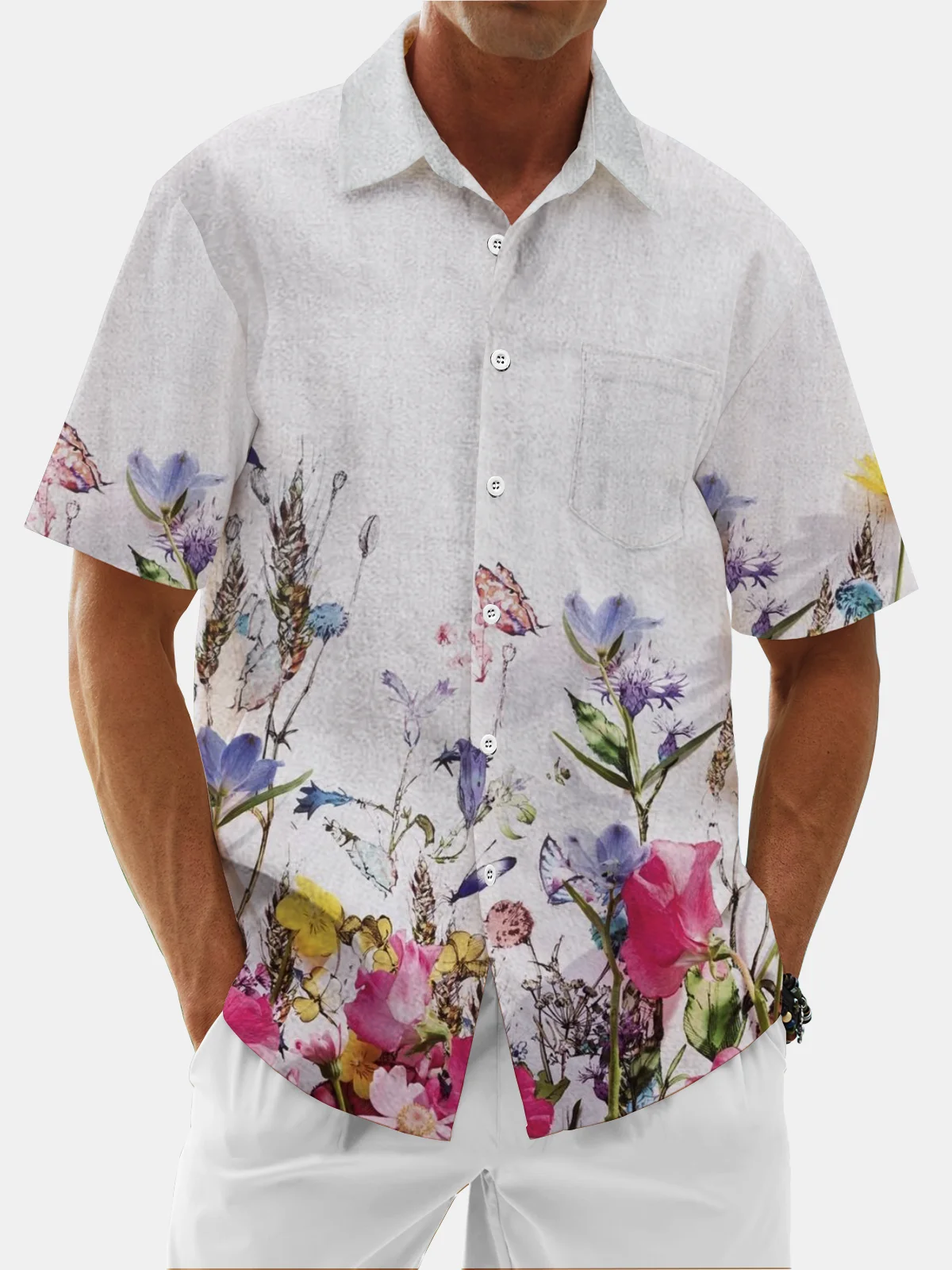 Moisture Wicking Floral and Botanical Leaves Chest Pocket Hawaiian Shirt