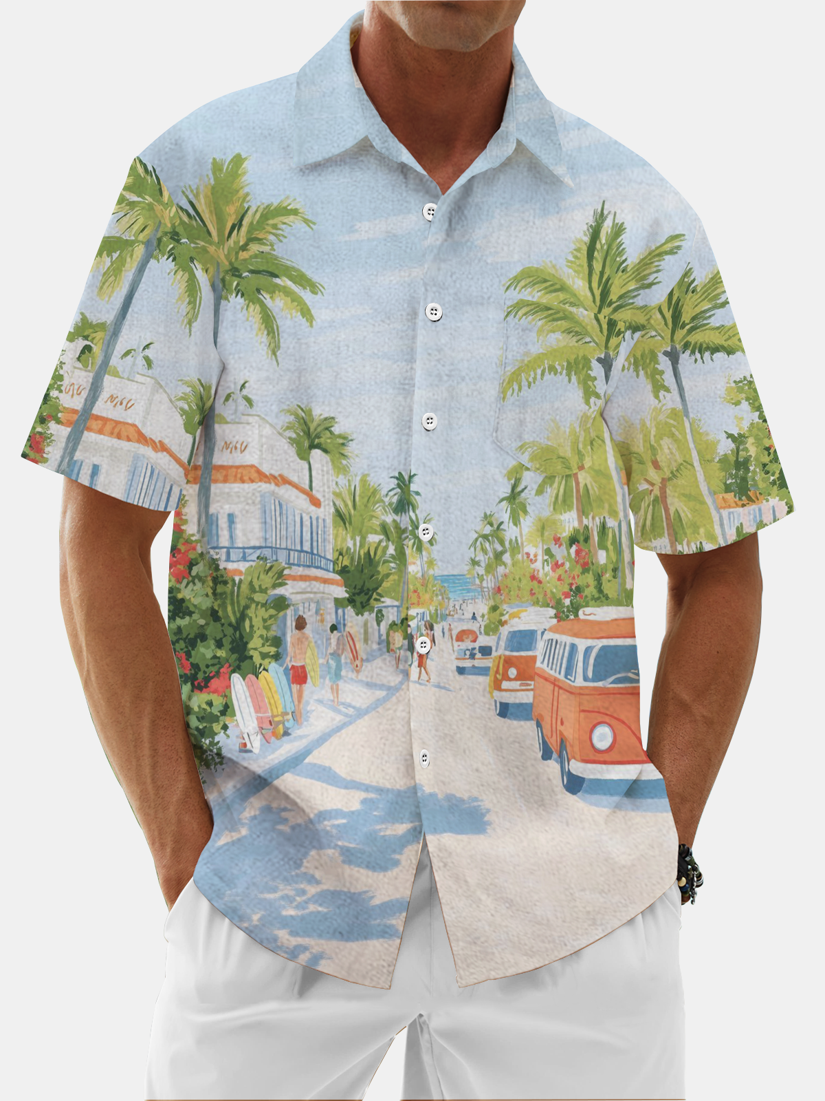 Moisture Wicking Coconut Tree Resort Scene Chest Pocket Hawaiian Shirt