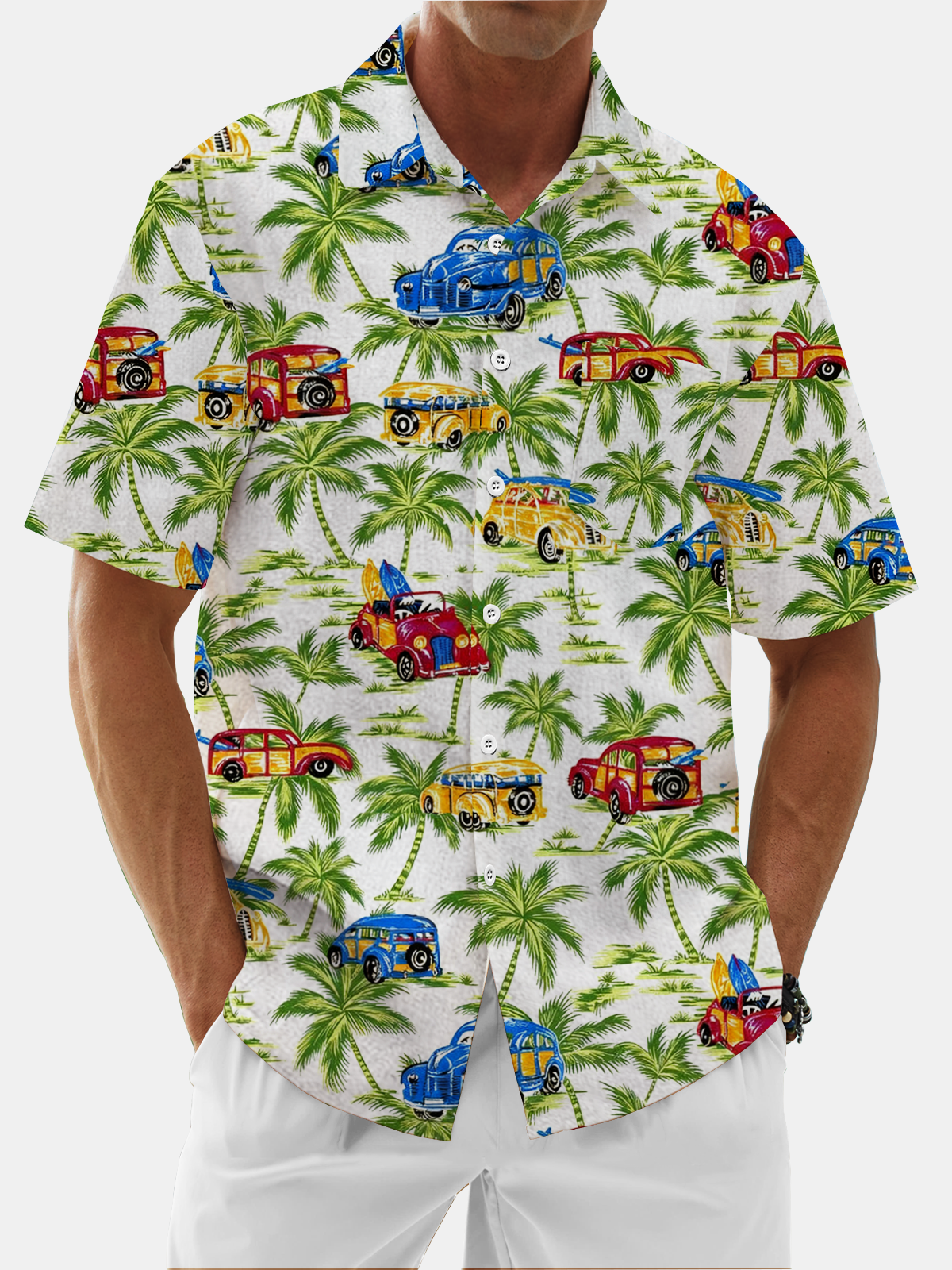 Moisture Wicking Coconut Tree Vintage Car Chest Pocket Hawaiian Shirt