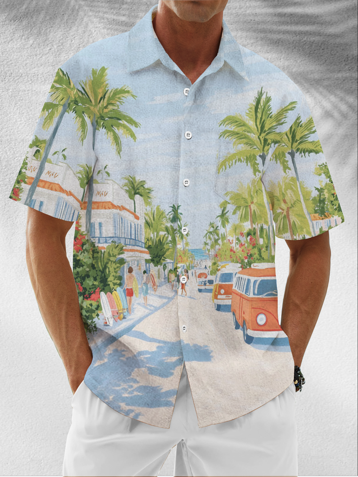 Moisture Wicking Coconut Tree Resort Scene Chest Pocket Hawaiian Shirt