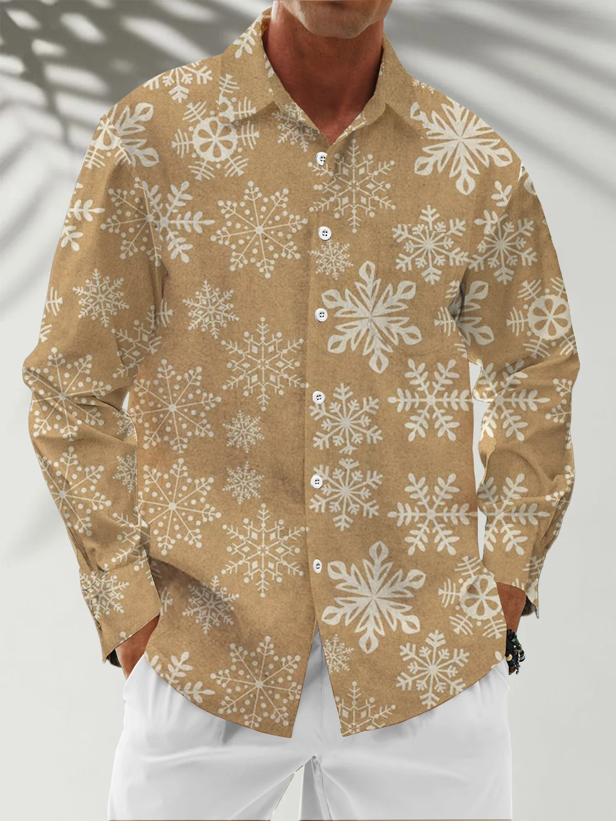 Moisture Wicking Christmas Snowflake Chest Pocket Hawaiian Long Sleeve Shirt