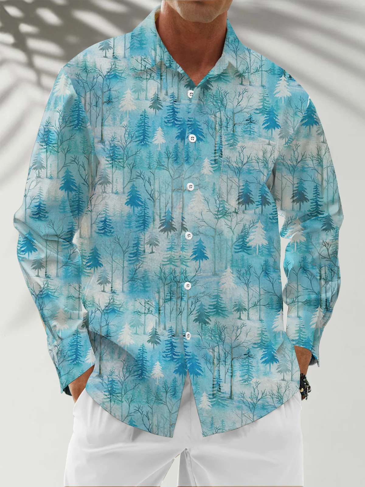 Moisture Wicking Christmas Tree Chest Pocket Hawaiian Long Sleeve Shirt
